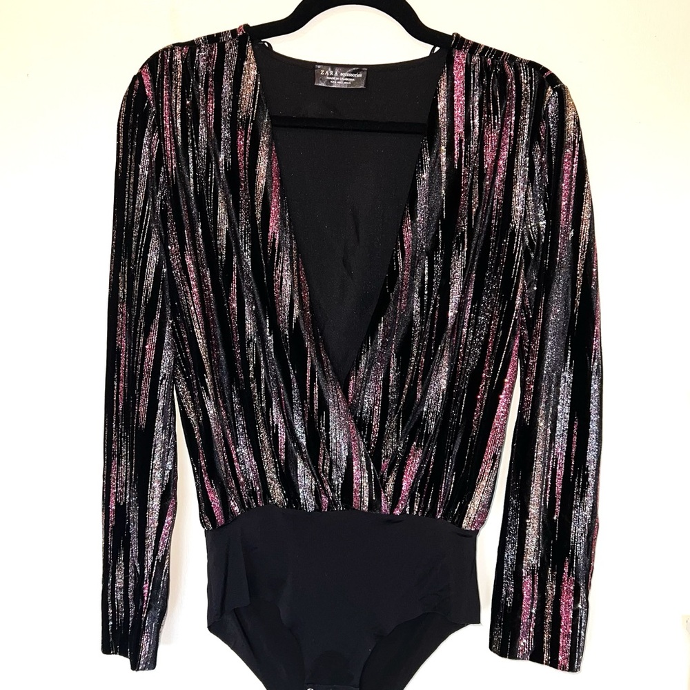 Zara Black Bodysuit with Pink & Silver Metallic Stripes 0017